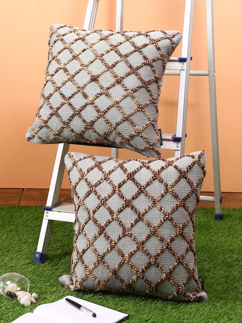 Geometric Pattern Grey Wool Tufted Cushion Covers - Set of 2